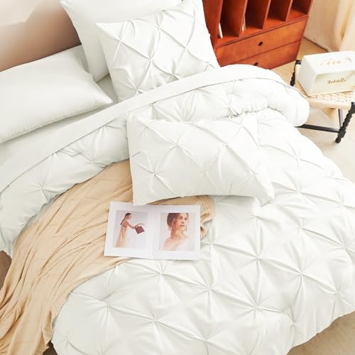 CozyLux King Size Comforter Set Ivory, 7 Pieces Pintuck Bed in A Bag Ivory Comforter King Size, Pinch Pleat Bedding Set with All Season Comforter, Sheets, Pillowcases & Shams