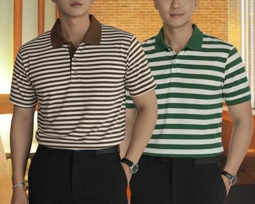Image of MACK JONNEY Men's Cotton Polo T-Shirt | Regular Fit | Short Sleeve | Striped Casual Wear | Pack of 2 -MJ-1