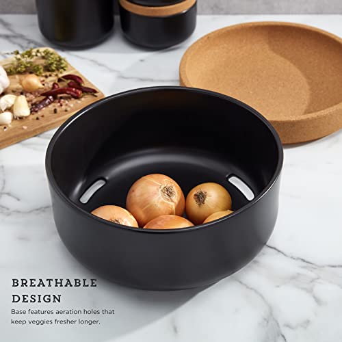 Image of Kamenstein Ceramic and Cork Large Breathable Produce Bowl with Lid to Naturally Extend Produce Freshness, Natural Cork and Black Ceramic