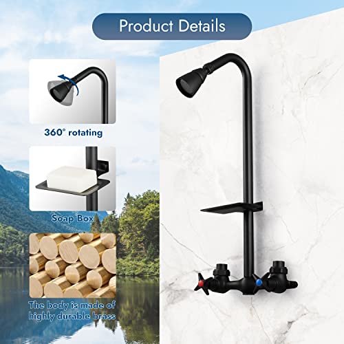 Cinwiny Outdoor Shower Kit Faucet Wall Mounted With Dual Cross Handles Brass Matte Black Mix Valve Adjustable Utility Shower Head Exposed Shower System With Soap Dish #TOP2