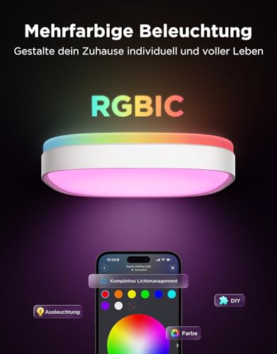 Govee Deckenlampe RGBIC Smart, 24W LED Deckenleuchte dimmbar, 2400LM Deckenlampe Schlafzimmer Kompatibel mit Matter, Alexa & Google Home mit 16 Millionen DIY Farben, für Wohnzimmer Küche Flur, 30cm – Bild 3