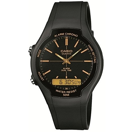 Casio Herren Quartz Armbanduhr, 38.00mm GehäusegröÃŸe mit schwarz analog/digital Zifferblatt und schwarz Rubber Strap Armband AW-90H-9EVEF