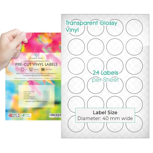 Evergreen Goods - Etiquetas adhesivas redondas precortadas tamaño A4, transparente brillante/transparente, 40 mm (24 etiquetas por hoja, 240 en total), 10 hojas, imprimible por inyección de tinta