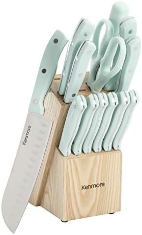 Kenmore Kane 14-Piece Stainless Steel Stamped Triple-Riveted Knife Block Set, Glacier Blue, Durable Kitchen Knife Set With Wooden Block