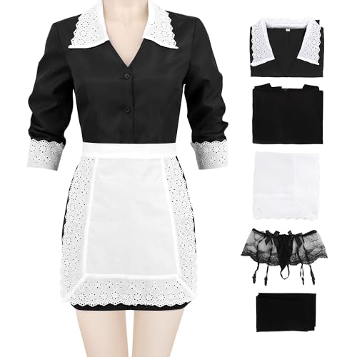 FURPHI US-Größe, französisches Dienstmädchen-Cosplay-Kostüm, Damenschürze, Kleid, Outfits für Weihnachten, Halloween, Schwarz-Weiß, Small