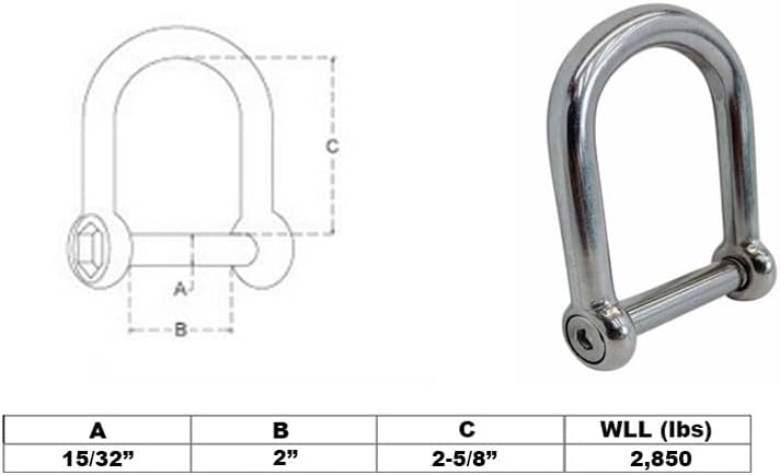 4 PCS Marine 15/32" Screw Pin Wide D Shackle No Snag Pin 2,850 Lbs WLL Stainless Steel T316