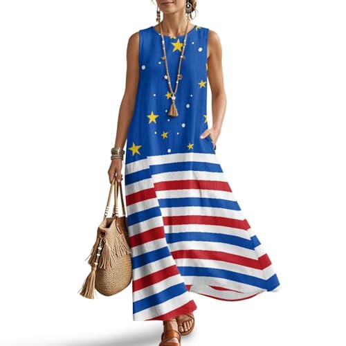 Oamsistay USA 250th Birthday Casual Summer Dresses for Women Linen Loose Sleeveless Sun Dress Vacation Clothes for Women Maxi Teacher Outfits with Two Functional Sides Pockets and Zipper