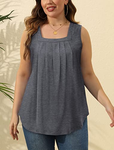 Image of Saloogoe Summer Tank Tops for Women Loose Fit Pleated Square Neck Sleeveless Tops Curved Hem Flowy