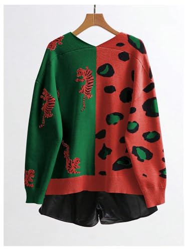 Image of WDIRARA Women's Leopard Tiger Print Cardigan V Neck Long Sleeve Color Block Button Down Sweater Outwear