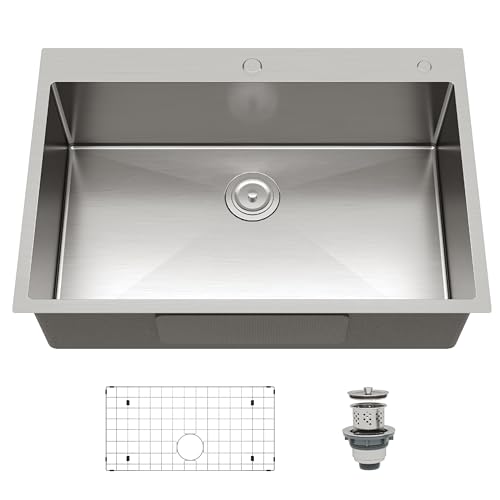 22 Inch Drop-in Kitchen Sink - 22x18 Inch Topmount Single Bowl 16 Gauge T304 Stainless Steel Handmade Deep Basin Kitchen Sink with Bottom Grid and Drain Assembly, Brushed Nickel Commercial Grade by SierraSquad - Used condition - US$99.08