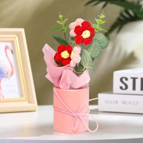 Cortina Plastic Handmade Crochet Artificial Flowers with Light|Aesthetic Room Decor, Living & Bedroom Decor|Artificial Flower Wall Decor|Great for Gifting - Pink and Yellow - 8.12x6.35x19.8 CM