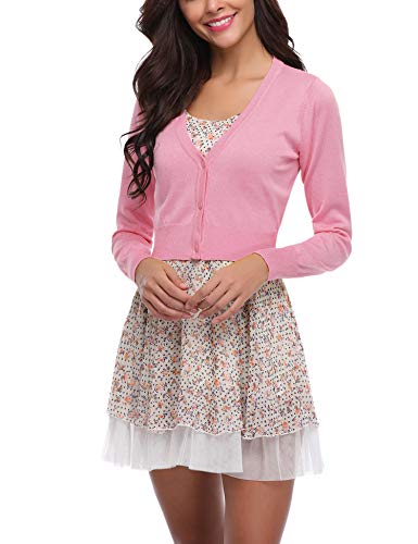 Gilet Femme Court Boléro Femme Veste Cardigan Bouton Manches Longues Tricot Classique Elégante Jersey Chic pour Robe Soirée Vintage, Rose, L