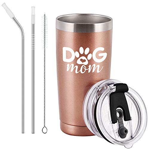 GINGPROUS Dog Mom Travel Tumbler Dog Lover Gifts for Women, Funny Travel Tumbler Gifts for Mother's Day Dog Mom Dog Lover Daughter Wife Friend, 20 Oz Insulated Travel Tumbler, Rose Gold
