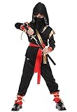 Halloween Ninja Cosplay Costume for Boys,5pcs Samurai Assassin Ninja Outfit Halloween Party Fancy Dress Clothes for Kid (1, L)