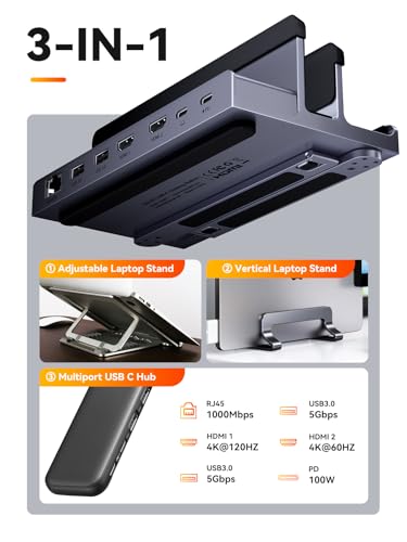 Image of Laptop Docking Station Stand Dual 4K Monitor: QUUGE USB C Docking Station Dual Monitor for Laptop, 2 HDMI (Single 4K@120Hz), 2 USB3.0 Ports, 100W PD, RJ45 Ethernet, Universal Laptop Stand USB C Dock