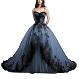 Mauuwy Tulle Sweet 16 Quinceanera Dresses Long Ball Gown Puffy Spaghetti Straps Vestido de 15 años Dusty Blue Wedding Gowns Prom Dress with Black Lace Flower Size 22 Plus