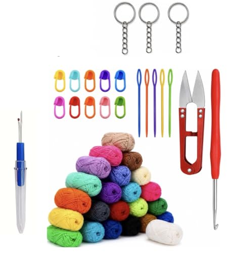 30 Pcs All in One Crochet Kit for Beginners Crochet Starter Set with Colorful Yarn For Kids & Adult (9 Pcs Random Color Wool Yarn 10 Stitch Markers 6 Needle 1 Crochet Hooks, 1 Scissor 3 Keychains ) Crocheting Set