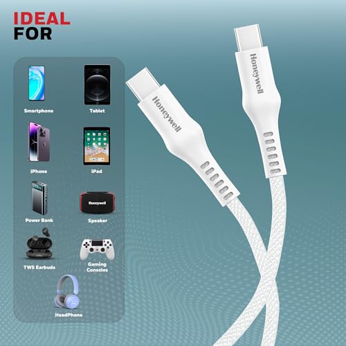 Image of Honeywell USB Type C to Type C Cable, 4 Feet (1.2M), PD 60W, QC 3.0, Fast Charging, Nylon Braided Cable for Apple Devices, Smartphones, Laptops, Power Banks, Tablets, Headphones, Speakers - White