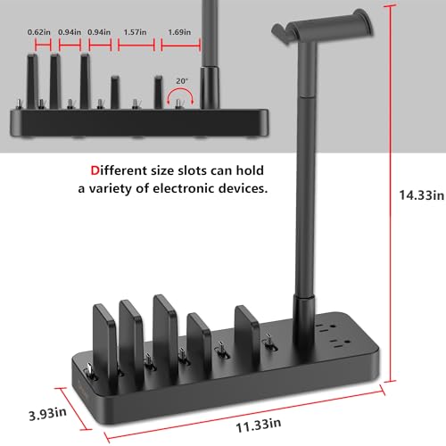 Drevet Charging Station for Multiple Devices, 6 Port USB C Fast Charger Station with 2 AC Outlets and Headset Stand, USB Charging Dock Compatible with Cellphone, Tablet, Kindle, iPhone, iPad and More - Thumbnail 3