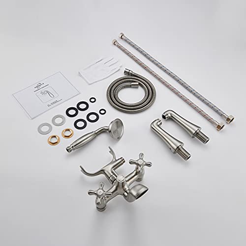 Hanallx Clawfoot Tub Faucet Deck Mount Tub Filler Brushed Nickel Vintage Bathtub Faucets Brass With Telephone Shaped Handheld Shower #TOP6