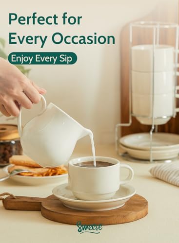 Image of Sweese Porcelain Cappuccino Cups Set - 8 oz Stackable Coffee Mugs with Saucers, Metal Stand, Dove Grey, Set of 4