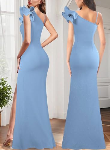 Image of VFSHOW Womens Ruffle One Shoulder Strap Ruched Formal Prom Wedding Maxi Dress V Neck Elegant Split Cocktail Evening Long Gown