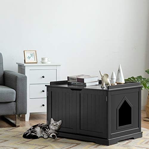 COSTWAY Cat Litter Box Enclosure Furniture, Wooden Kitty Hidden Washroom Toilet with Double Doors and Removable Divider, Indoor Cat House Storage Bench for Living Room Bathroom (Black)