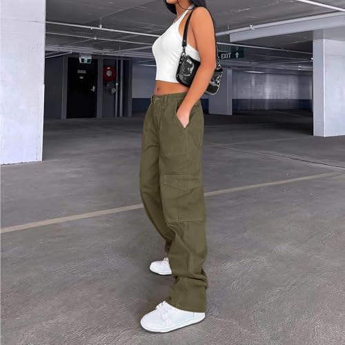 Image of Lepunuo Cargo Pants for Women High Waisted Casual Pants Baggy Stretchy Wide Leg Y2K Streetwear with 6 Pockets