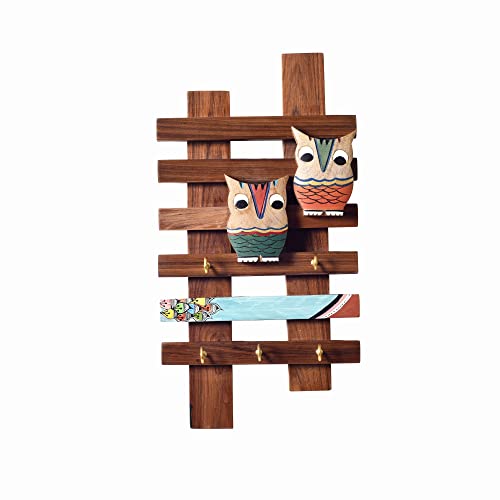 Image of AAKRITI ART CREATIONS Key Holder, Midnight's Owl Key Hanger | Rustic Teak Wood Wall Organizer with 5 Hooks | New Home Gifts | Multifunctional Entryway Decor Item