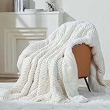 Mr. Sandman Weighted Blankets for Adults Queen Size 15lbs, Warm Sherpa Fleece Throw Blanket for Sleep and Calm, Soft Cozy Heavy Bed Blanket with Jacquard Flannel, 60 x 80 Inches, Cream White