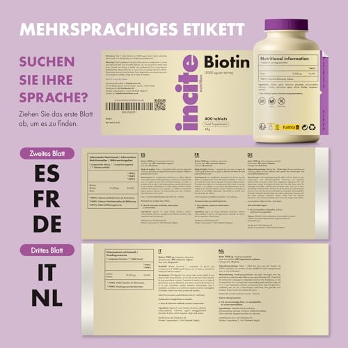 Incite Nutrition Biotin-Haarwachstumsergänzungsmittel 12.000 mcg – Tabletten (Ganzjahresvorrat plus Vorrat), hergestellt im Vereinigten Königreich, für Herren und Damen, 400 Stück (1er-Pack)