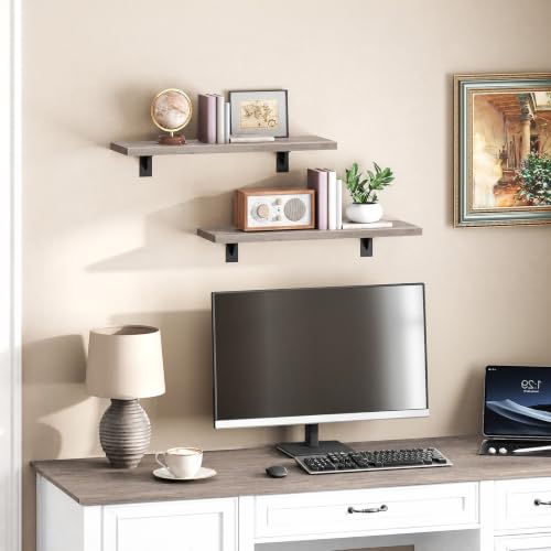 Image of HOOBRO Floating Shelves for Wall, 15.7 inch Wall Mounted Shelves Set of 2 | Hanging Storage Shelf with Metal Brackets, Wooden Shelf for Living Room, Bedroom, Bathroom, Greige and Black