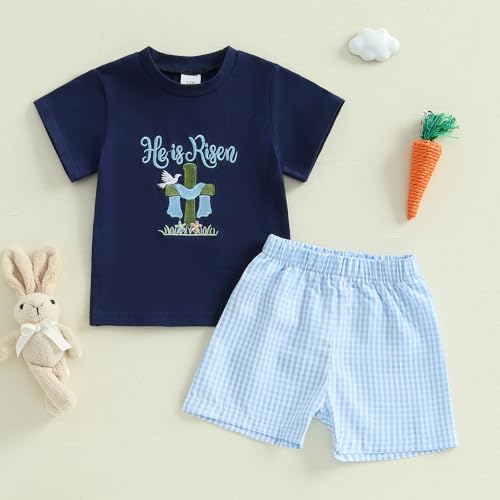 Image of Toddler Baby Boy Easter Rabbit Outfit Short Sleeve Bunny Carrot Smocked T-shirt Elastic Waist Shorts Summer Clothes