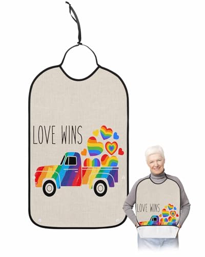 LEOKOTI Colorful Truck Adult Bibs for Eating, Waterproof Bibs with Food Catcher & Adjustable Snap Closure, Farmhouse Watercolor Rainbow Love Heart Washable Clothing Protectors Adult Bibs for Elderly