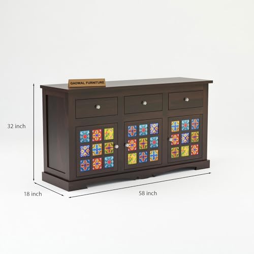 Image of Handcrafted Solid Sheesham Wood Wooden Cabinet & Sideboards with 3 Drawers and 6 Shelves for Living Room or Bedroom Storage (Boho, Walnut Finish)