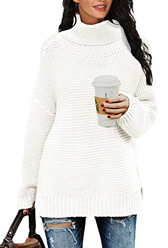 PrinStory Womens Casual Long Sleeve Turtleneck Chunky Knit Pullover Sweater Tops with Side Slit White US Medium