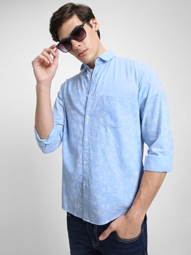 Image of Dennis Lingo Men's Cotton Blue Printed Slim Fit Button-Down Full Sleeves Casual Shirt