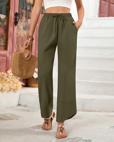 Ficerd Women’s Linen Wide Leg Pants, Summer Casual Beach Harem Pants Loose Elastic Waist Drawstring Palazzo Pant with Pockets2
