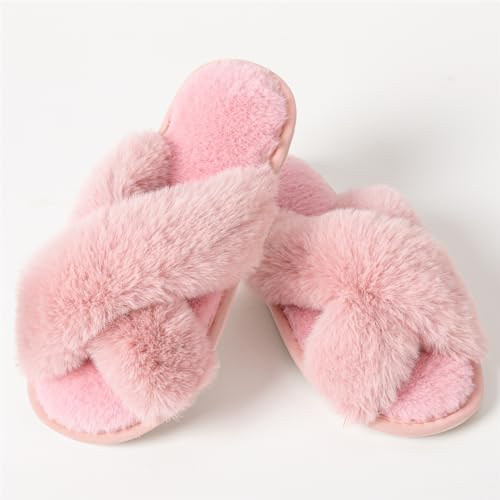 Image of Women's Cross Band Fuzzy Slippers Fluffy Open Toe House Slippers