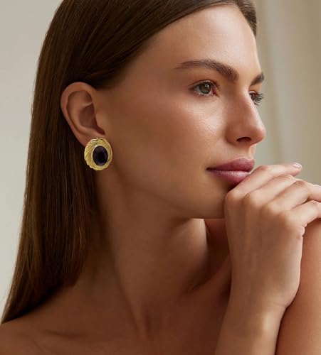 Chunky Gold Geometric Stud Earrings Trendy Vintage 14K Gold Plated Black Cubic Zirconia Statement Cocktail Earrings Dupes Jewelry for Women2