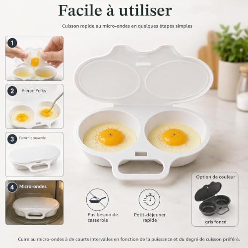 Pocheuses à œufs Micro-Ondes,Cuiseur a œufs,Moule à Vapeur,Microwave Egg Poacher with Lid & Handle,2 Cavity Microwave Egg Poacher,Cuiseur Oeuf Micro Ondes,Antiadhésive Sans Huile,Facile à Nettoyer，B – vue 6
