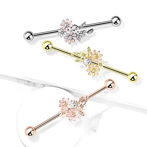 Pierced Owl - 14GA Stainless Steel CZ Crystal and Enamel Flower Bouquet Industrial Barbell4