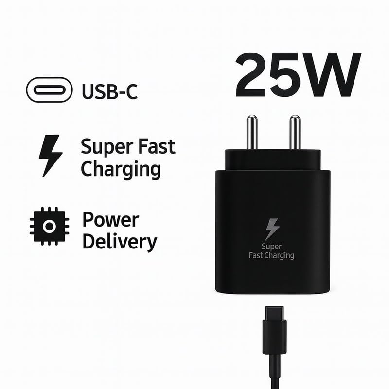 Image of Samsung 25W Pd 3.0 Type C Super Fast Charger Adapter for Samsung Galaxy M36|S25|M06|F06|M16| F16|M05|M35|F05|A06|A16|M55s|Tab S10 Ultra|S10+|A9+|Tablet 25 Watt -JJ Black