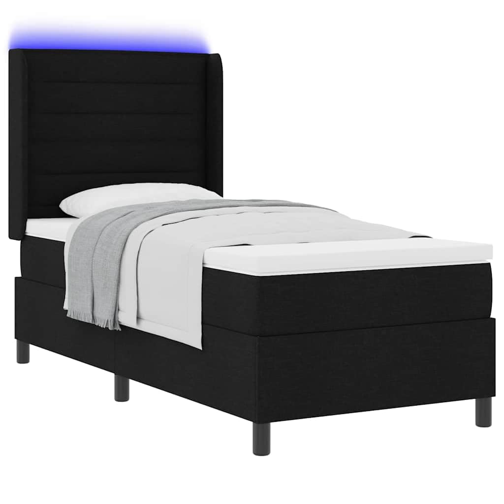 Cama con somier LED con colchón negro, 90 x 190 cm, tela, somier, cabecero de 2 alturas, tiras LED RGB, madera y madera maciza, dormitorio moderno, cama individual confort