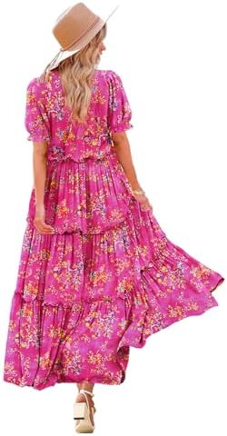 YESNO Summer Casual Bohemian Floral Dresses for Women 2024 Puff Short Sleeve Long Maxi Dress with Pockets ETX