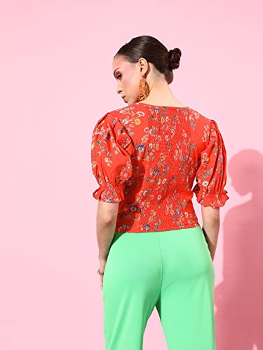 Image of Style Quotient Women Orange Floral Print Sweetheart Neck Top