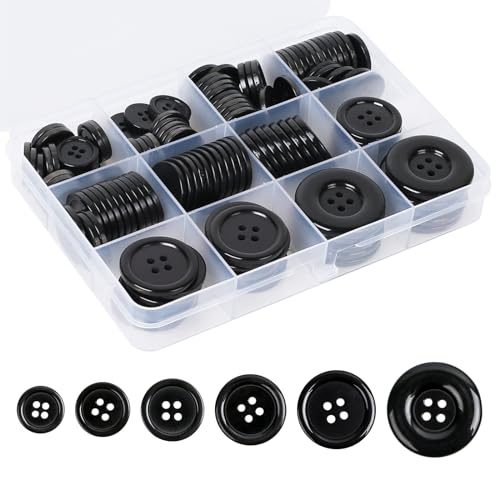 Furuising 140 Piezas Botones Negro, 15mm-30mm Botones de Resina, 4 Agujeros Redondos Botone con Caja de Almacenamiento para Ropa Costura DIY, Decoración