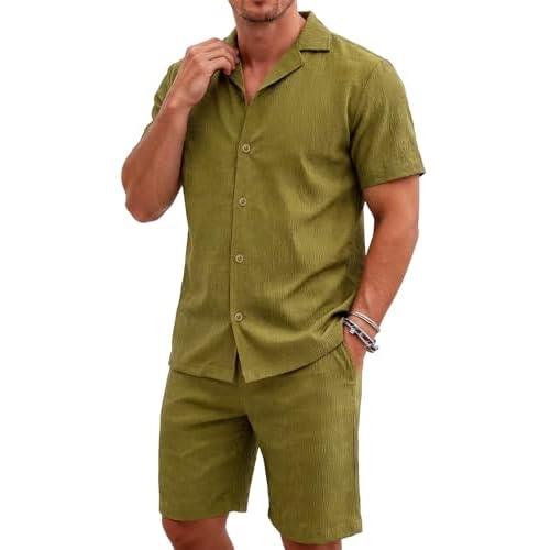 Heyfanee Men's 2 Piece Short Sleeve Shirts and Shorts Vacation Summer Beach Outfits Jacquard Sets for Men Green Large