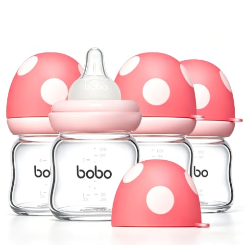 Image of YOHKOH Natural Glass Baby Bottle with Level 1 Slow Flow Nipple, Newborn Anti-Colic Baby Bottles, Wide Neck Mushroom Baby Glass Bottle (3.4oz (Pack of 4), Red)