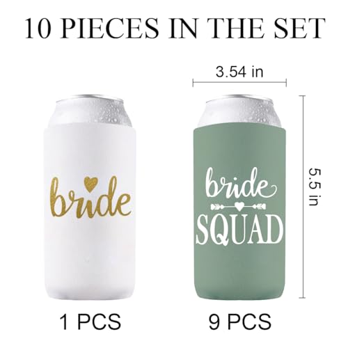 Image of PartyGifts&Beyond Bridesmaid Gifts Can Cooler 10Packs Bachelorette Party Decorations Slim Can Cooler Bride Squad Can Sleeves(Sage Green)
